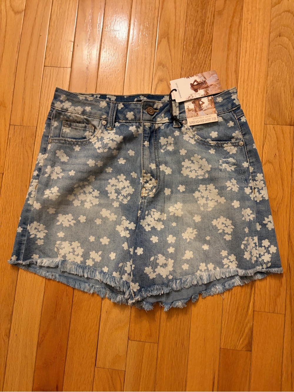 Sincerely Jules Blue Denim High Waist Shorts with White Floral Print